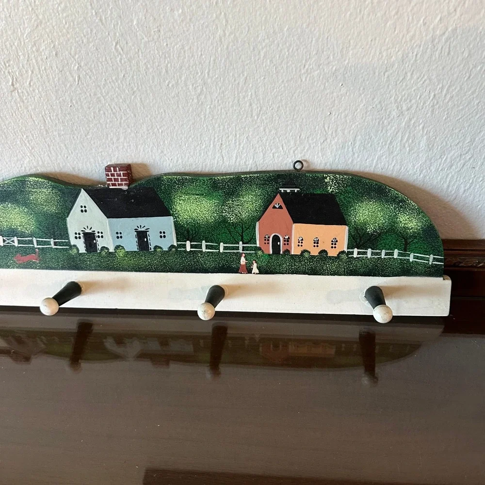 Vintage Folk Art Hand Painted Wood Wall Rack 5 Peg Village Scene Key Coat Hanger